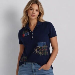 Lauren Ralph Lauren Navy Patchwork Pique Polo Shirt w Logo Buttons Sz L